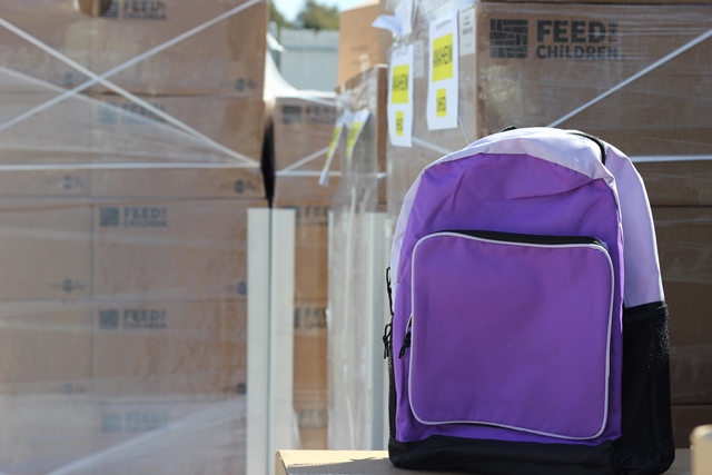 An image of a backpack in front of boxes