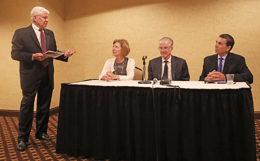 Safe Schools Conference organizer Dave Long (left) leads panel discussion with OC Sheriff Sandra Hutchens, state Superintendent Tom Torlakson and OC Superintendent Dr. Al Mijares