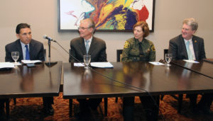 Orange County Superintendent of Schools Dr. Al Mijares, State Superintendent of Public Instruction Tom Torlakson, Orange County Sheriff-Coroner Sandra Hutchens and California Interscholastic Federation Executive Director Roger Blake meet for a news conference to discuss school safety