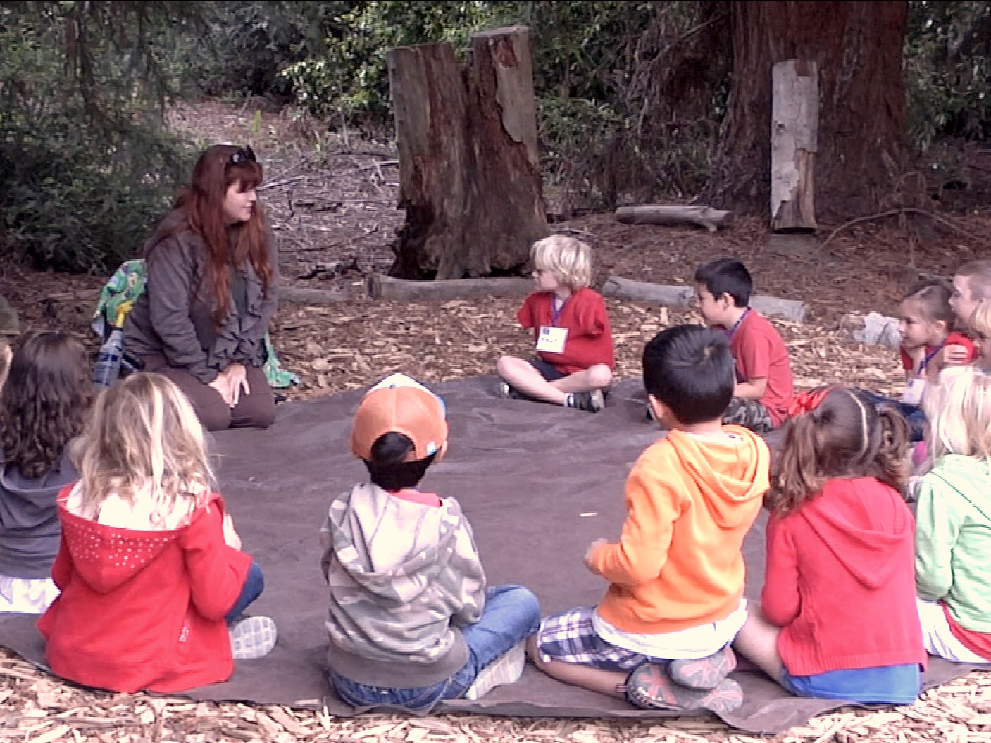 Students sitting in a circle during an Inside the Outdoors field trip