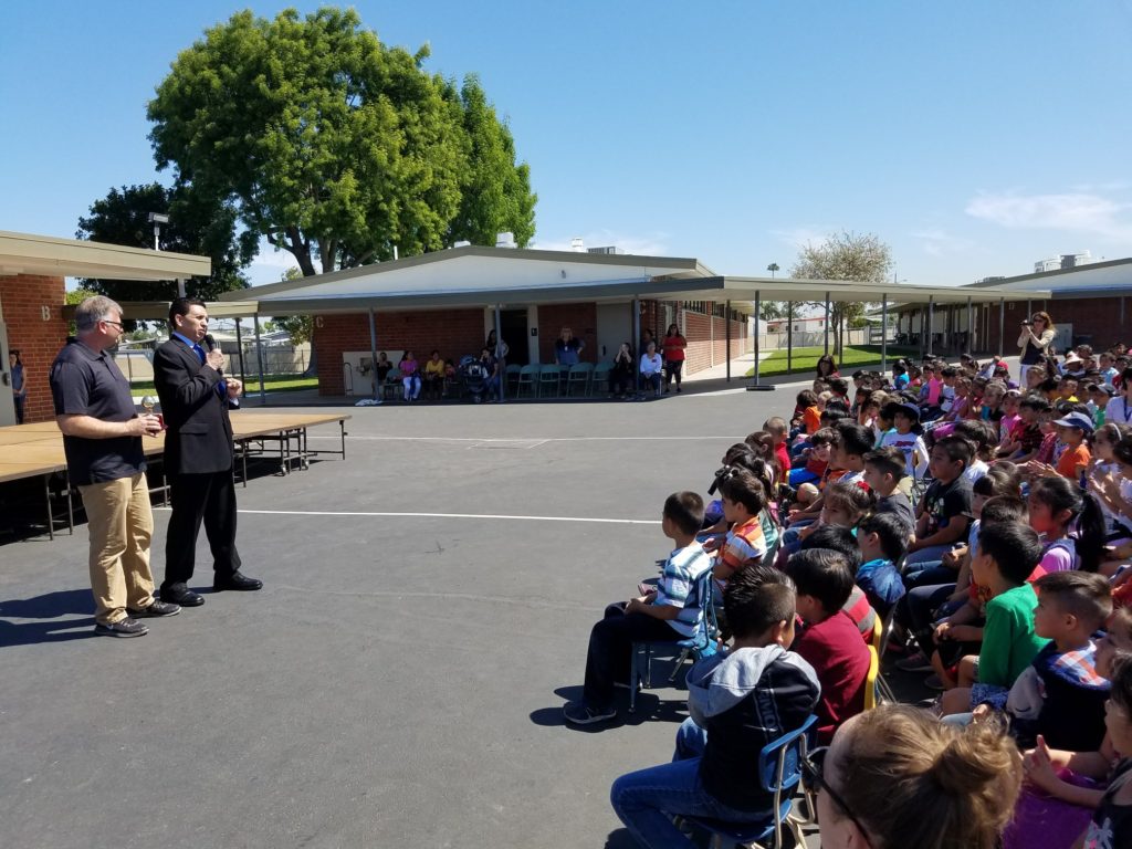 Carlos Primiani is named an Orange County Teacher of the Year during an assembly at Leo Carrillo Elementary School