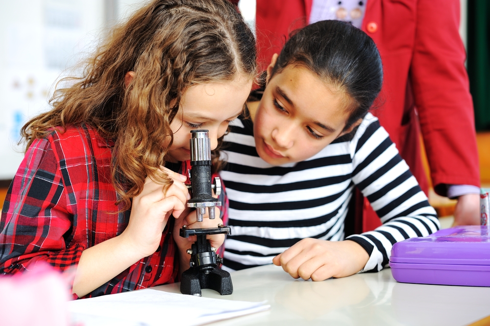 an image of girls using a microscope
