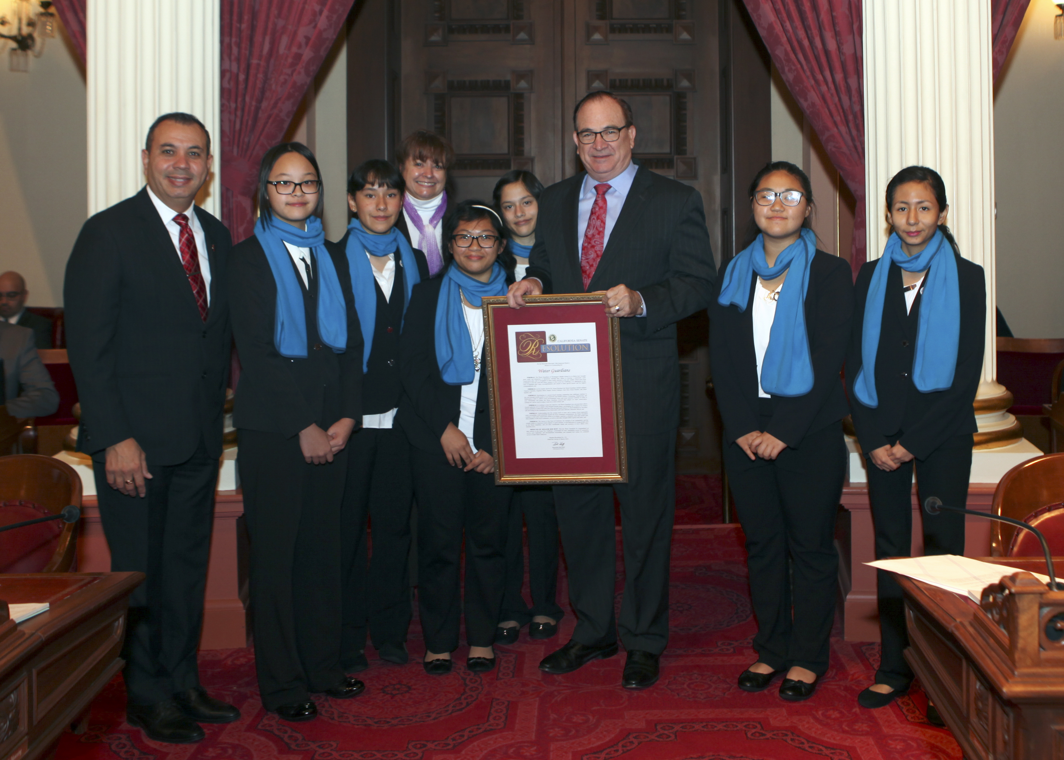 Students from Washington Middle School in La Habra being honored by state Senator Bob Huff