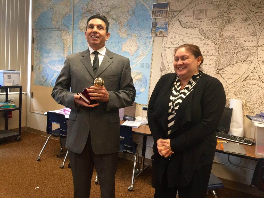An image of Orange County Superintendent Al Mijares with Orange County Teacher of the Year Raquel Solorzano-Duenas