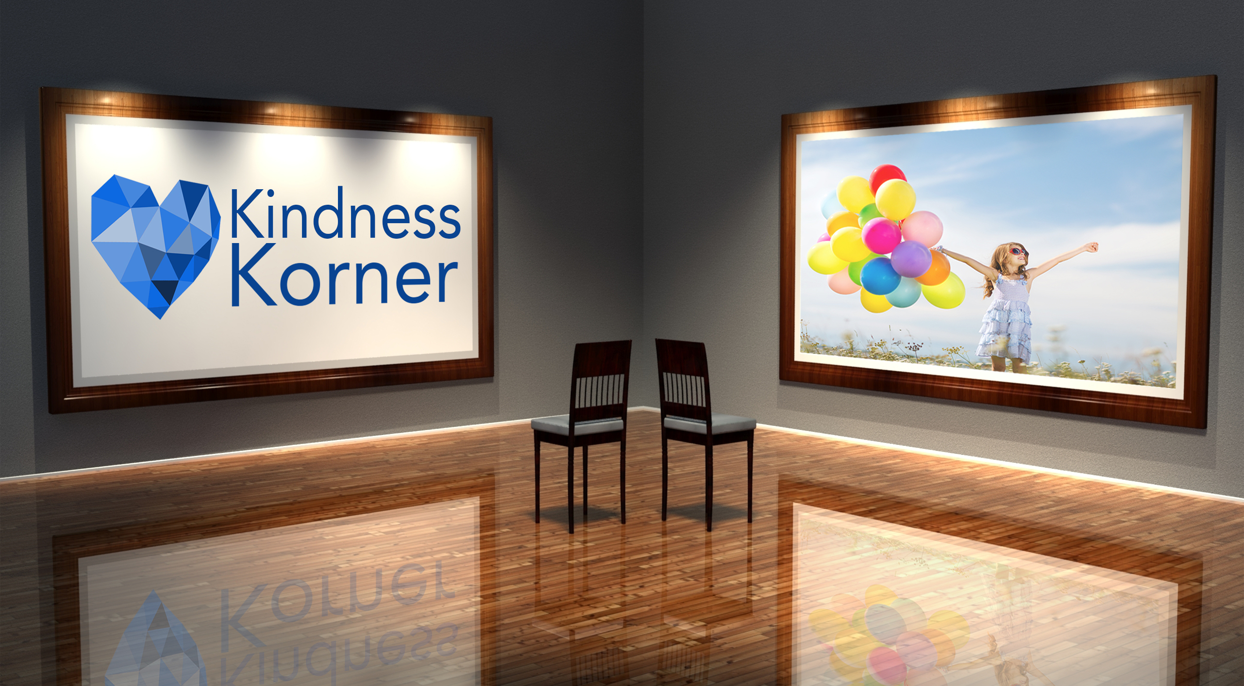 A graphic showing the Kindness Korner logo and a girl with balloons
