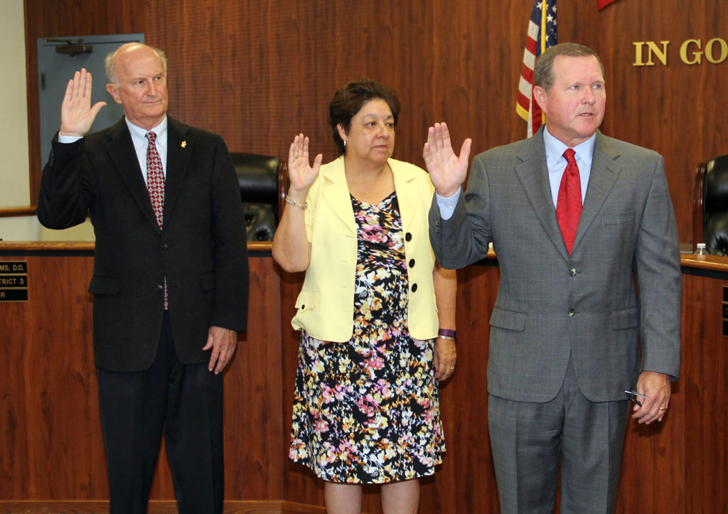 An image of  Orange County Board of Education members Jack Bedell, Beckie Gomez and Ken Williams