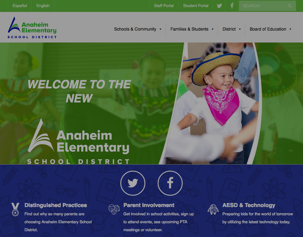 A screenshot of the Anaheim Elementary School District's new website