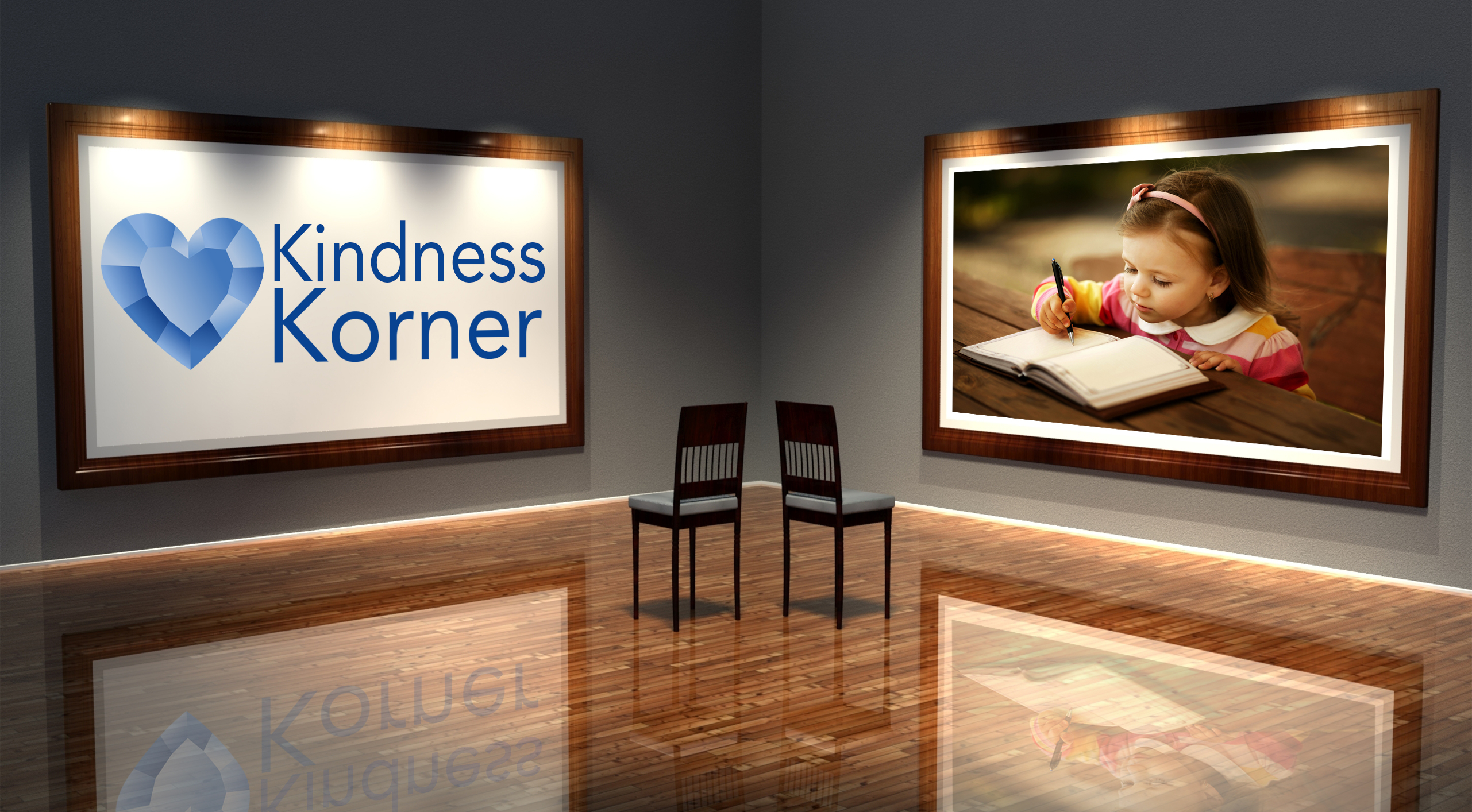 Kindness Korner logo with an image of a girl writing in a book
