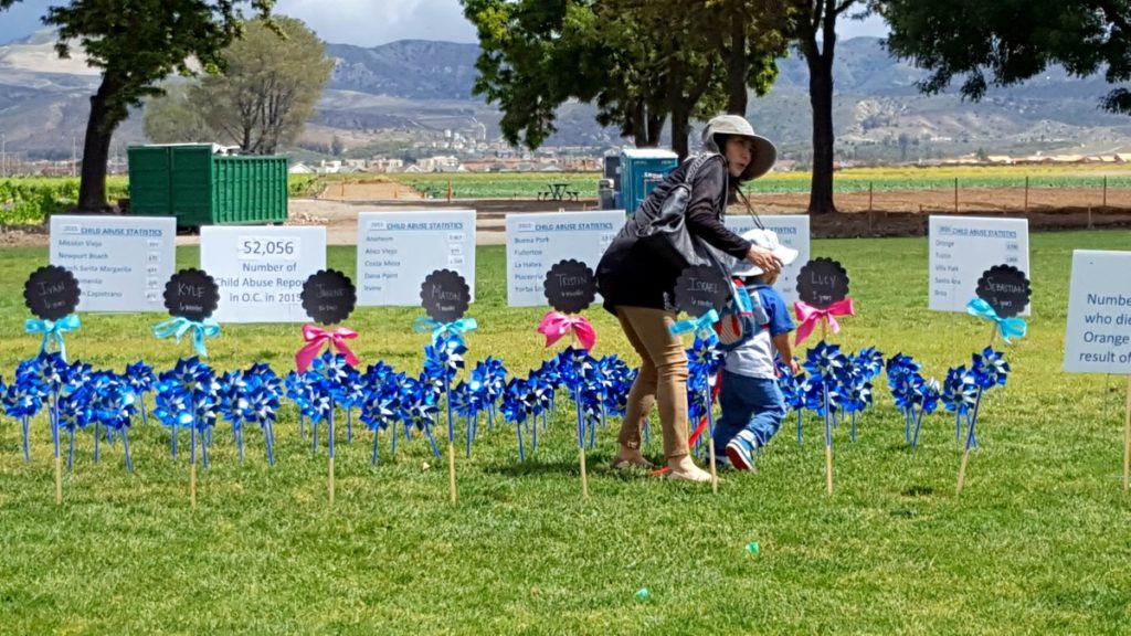 A blue pinwheel garden, planted to generate awareness of child abuse and prevention