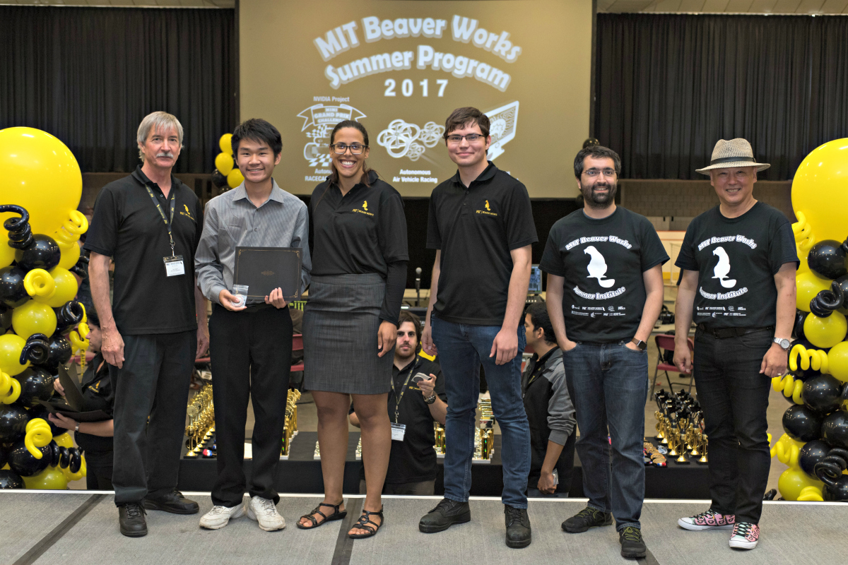 Matthew Tang, second from left, is recognized at the 2017 MIT Beaver Works Summer Institute