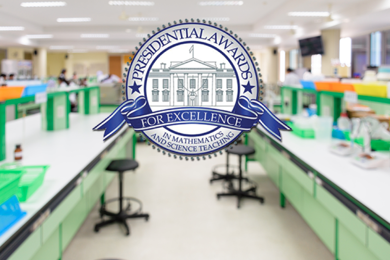 Presidential Awards for Excellence in Mathematics and Science Teaching logo over blurred science lab
