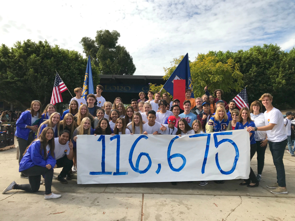 El Toro High students hold a banner that reads "116,657"