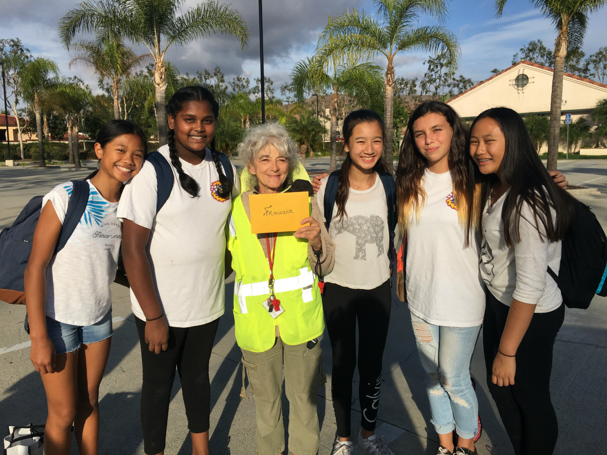 Pioneer Middle School students with their crossing guard