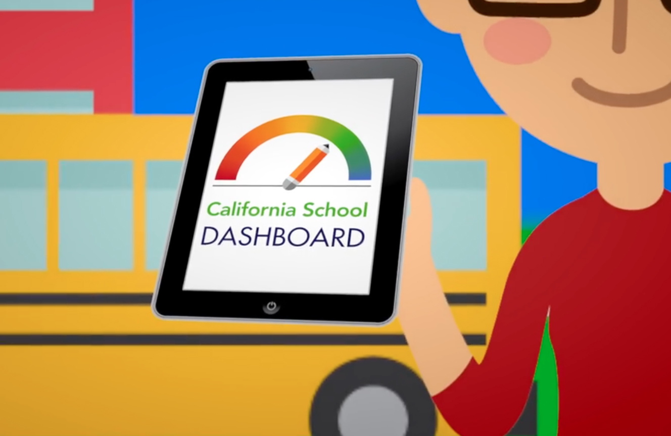 Animation of an avatar holding up a tablet displaying the California School Dashboard