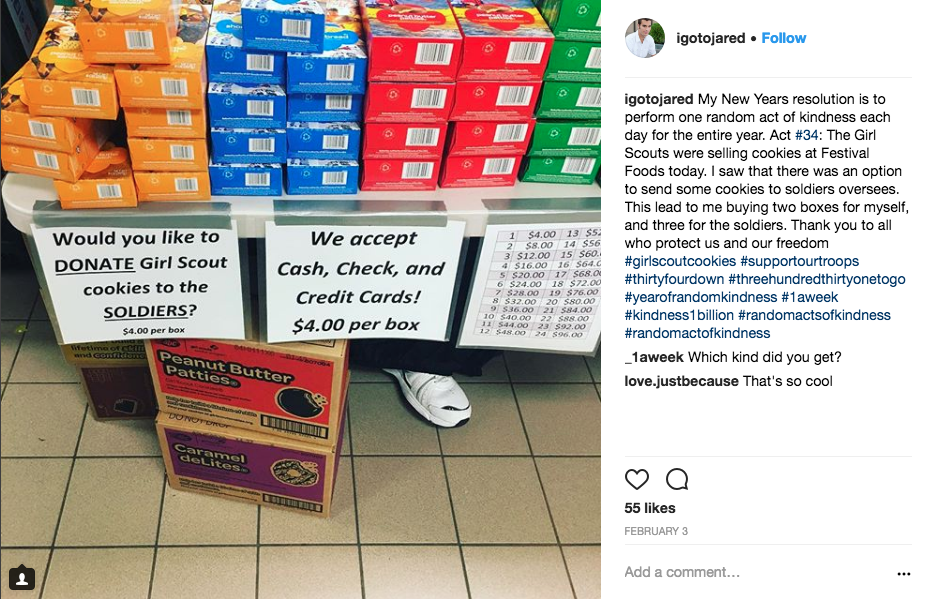 An Instagram post about buying Girl Scout cookies for troops serving overseas