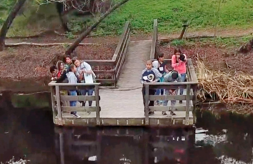 students stand on wooden structure over lake