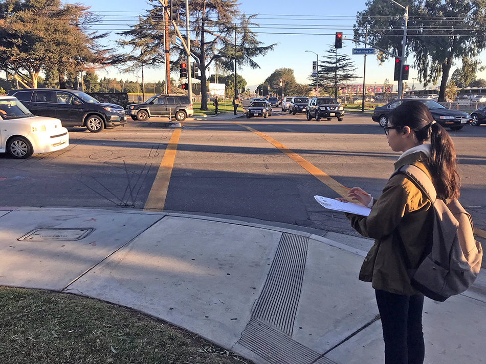 student standing on street corner surveying traffic