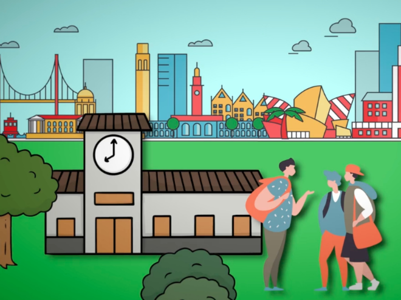 Animated graphic of people and buildings