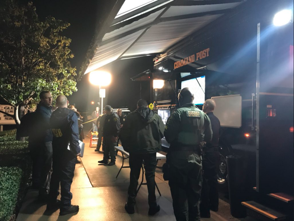 Law enforcement and others at a command post