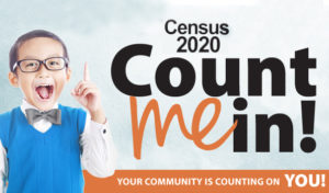 boy holds up hand in photo illustration about census