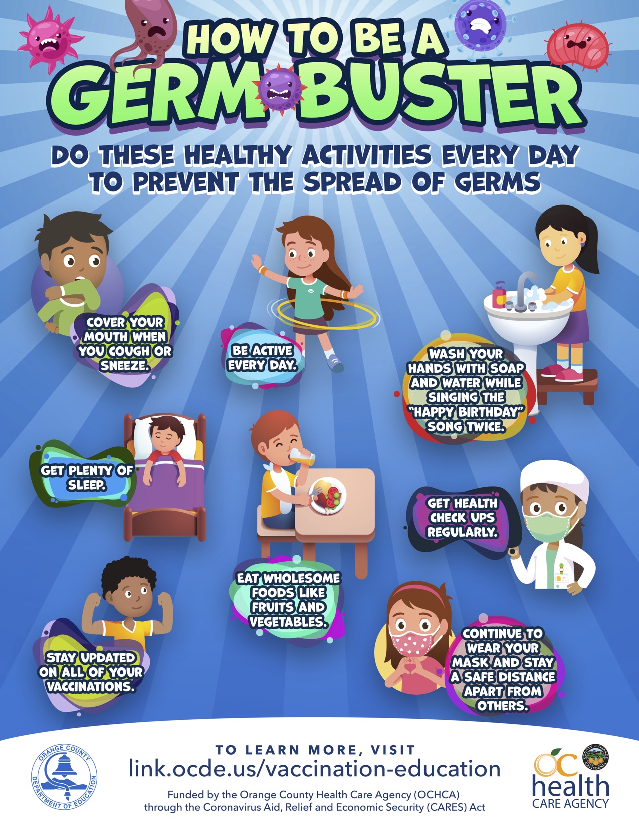 Student information sheet for grades K-3, titled "How to Be a Germ Buster"