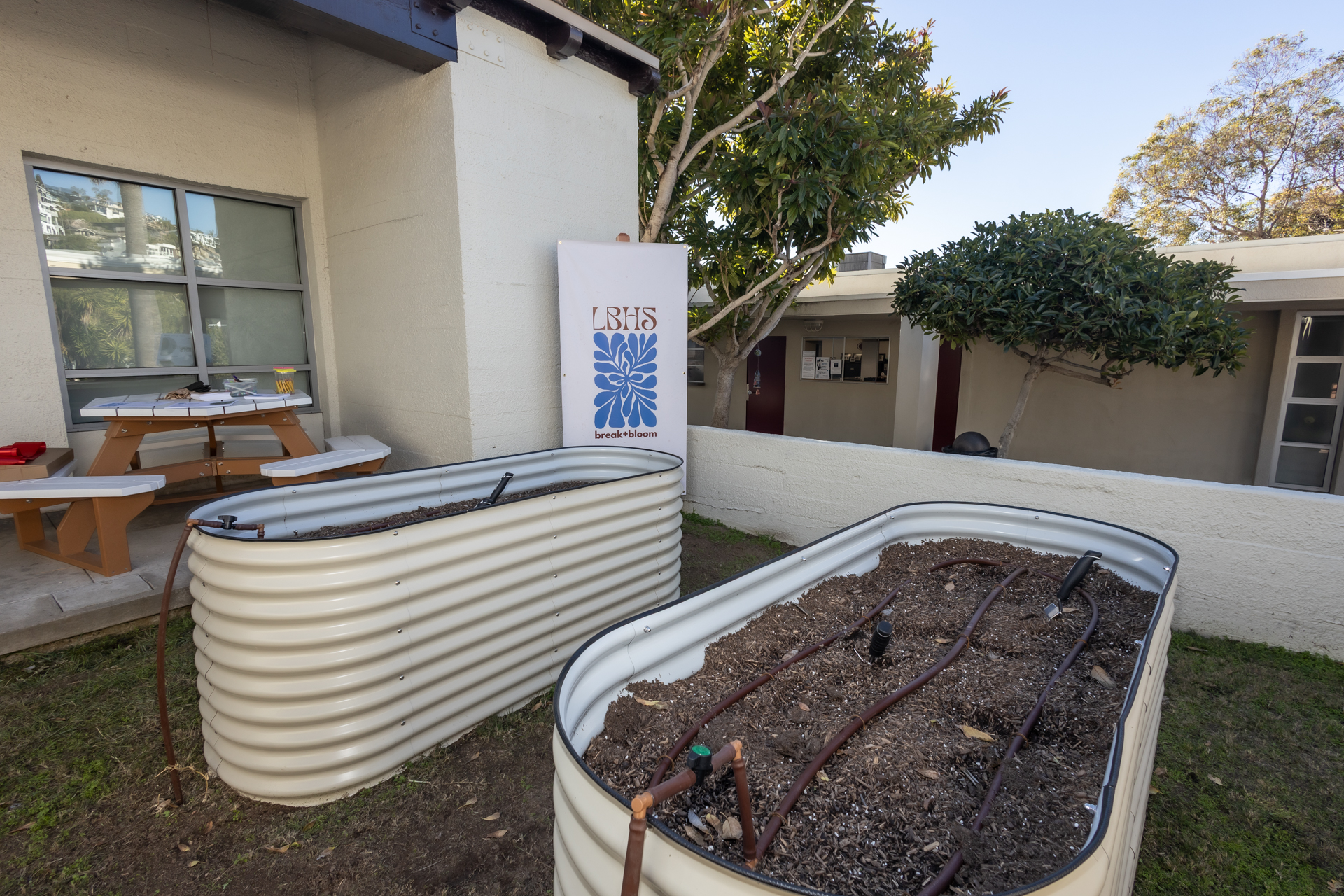 Soil-filled planting containers sit in Laguna Beach High School’s new edible garden, which was created as part of a sustainability education effort.