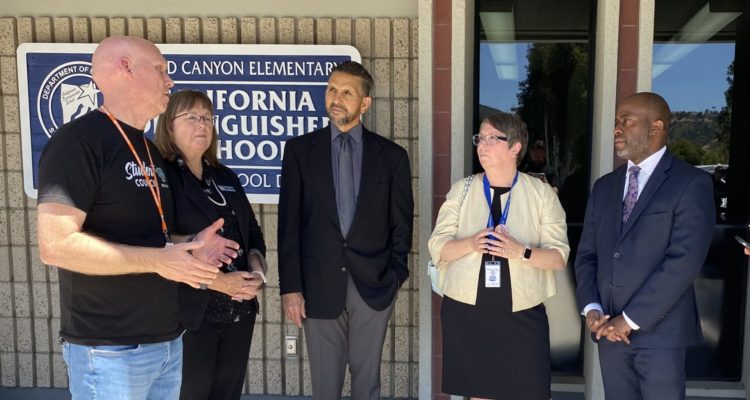 Wood Canyon Elementary Principal Chris Dembiec, CUSD Board of Education President Martha McNicholas, County Superintendent Dr. Al Mijares, CUSD Superintendent Kirsten M. Vital Brulte and State Superintendent Tony Thurmond