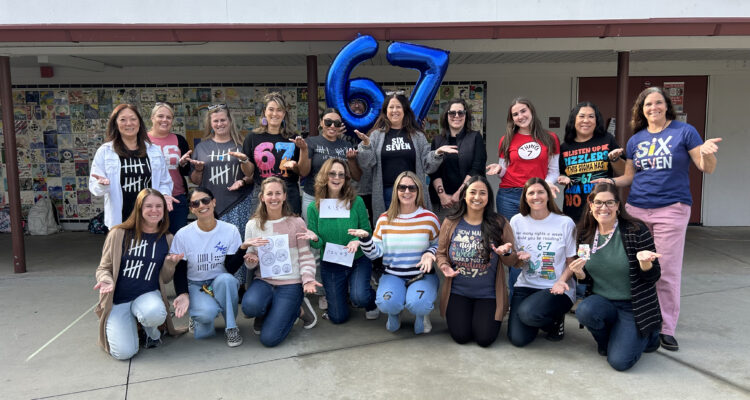 Teachers at Los Alamitos Elementary School sport their custom “six seven” shirts — many of them hand-designed — to celebrate the 67th day of the school year with students.