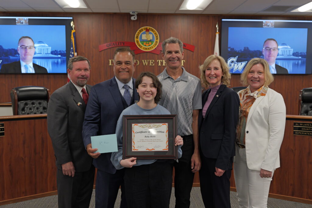 Ruby is recognized by the Orange County Board of Education for her winning essay in the 10th annual Jack R. Hammett Memorial Day Essay and Art Contest.