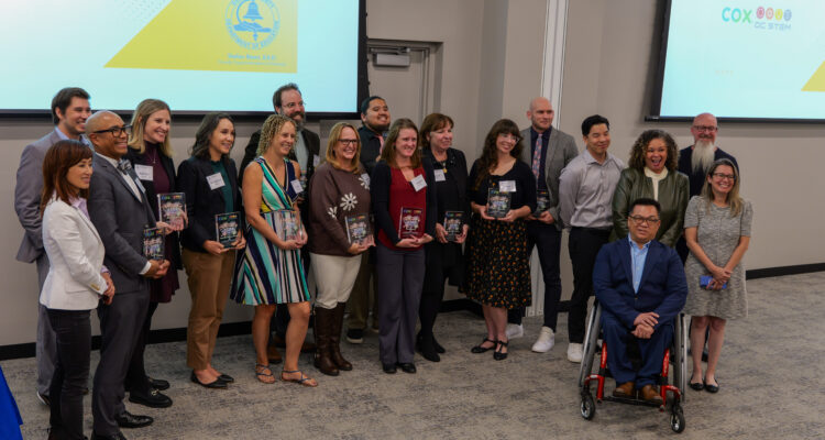 Award recipients, representatives from Cox Communications, local elected officials’ offices, Dr. Bean and OCDE staff gather for a group photo following the ceremony.