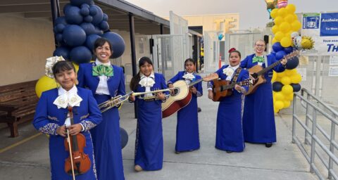 Mariachi members prepare to welcome students and staff on the first day of school at Thomas Edison Elementary in Anaheim. Pictured from left are student Kiara Ramon, music teacher Grace Kwon, student Rita Polo, student Lupe Estrada, student Victoria Limones and music teacher Christina Flynn.