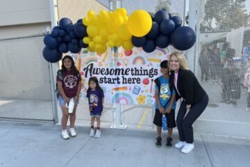 Principal Suzanne Nichols poses with Hope, Amelia and Ronnie Acosta on the first day of school, Aug. 6, at Thomas Edison Elementary in Anaheim.