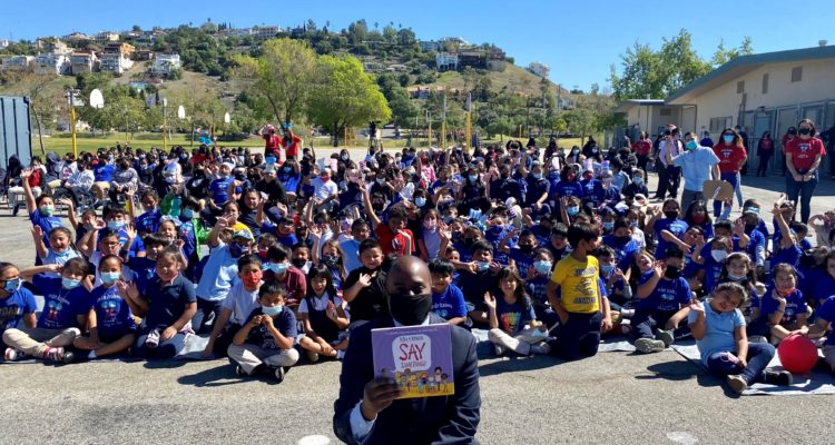 Tony Thurmond at school assembly