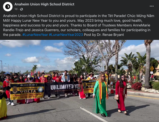 Anaheim Union High School District representatives walk in the 2023 Tết Parade in Westminster. 