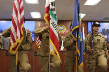 Sunburst Youth Academy students lead the presentation of colors at the Orange County Board of Education meeting May 3.