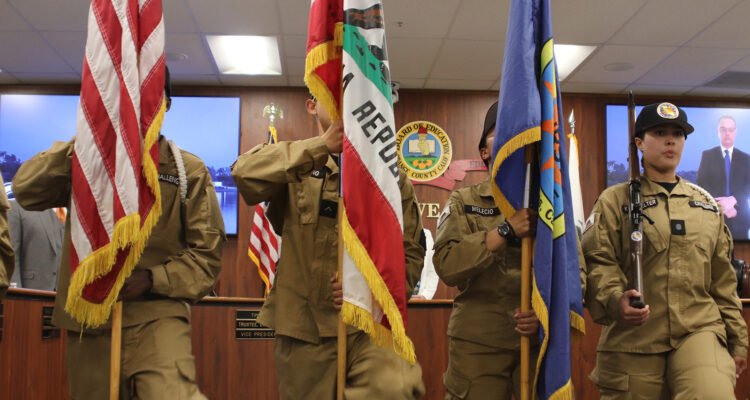 Sunburst Youth Academy students lead the presentation of colors at the Orange County Board of Education meeting May 3.