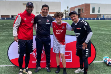 Alex Linza, third from left, is pictured with FC Cologne recruiter Herbert Biste, coach Jorge Caceres and coach Herbert Zimmerman. (Courtesy of the Linza family)