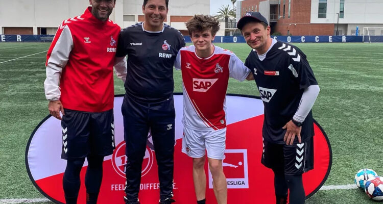 Alex Linza, third from left, is pictured with FC Cologne recruiter Herbert Biste, coach Jorge Caceres and coach Herbert Zimmerman. (Courtesy of the Linza family)