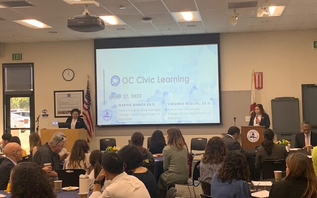 Virginia Resichl and Marika Manos present at 2023 OC Civic Learning Celebration