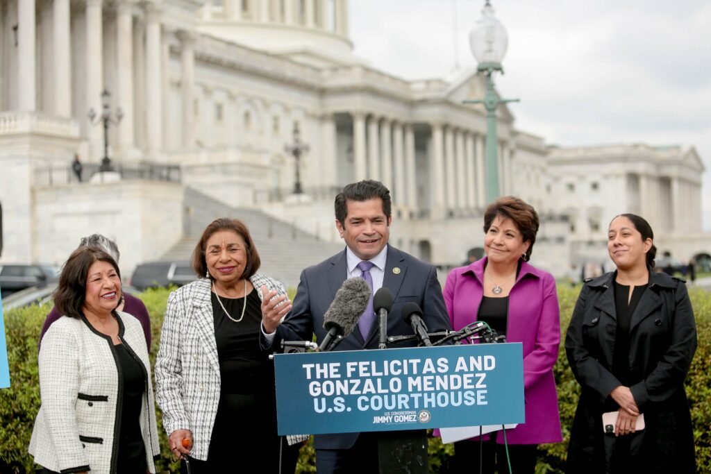 Rep. Jimmy Gomez joins Sylvia and Sandra Mendez alongside leaders of Latino organizations to introduce new bill at the Capitol. (Courtesy of Rep. Jimmy Gomez)