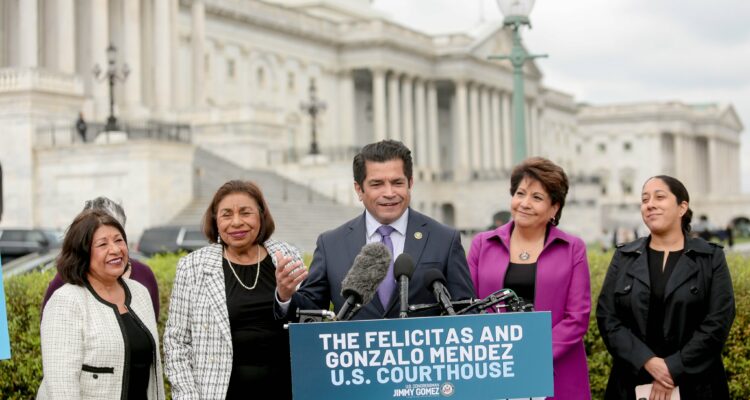 Rep. Jimmy Gomez joins Sylvia and Sandra Mendez alongside leaders of Latino organizations to introduce new bill at the Capitol. (Courtesy of Rep. Jimmy Gomez)