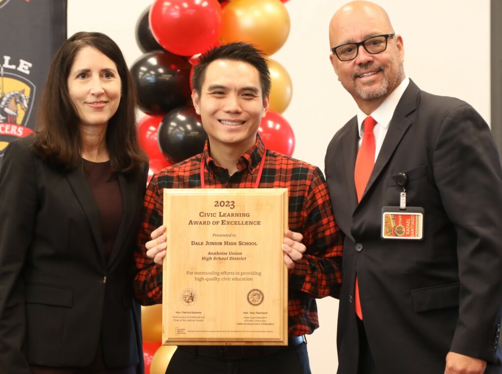 Chief Justice Patricia Guerrero visits Dale Junior High on Oct. 23 to award staff and students with a 2023 Civic Learning Award of Excellence. (Courtesy of the Judicial Council of California)