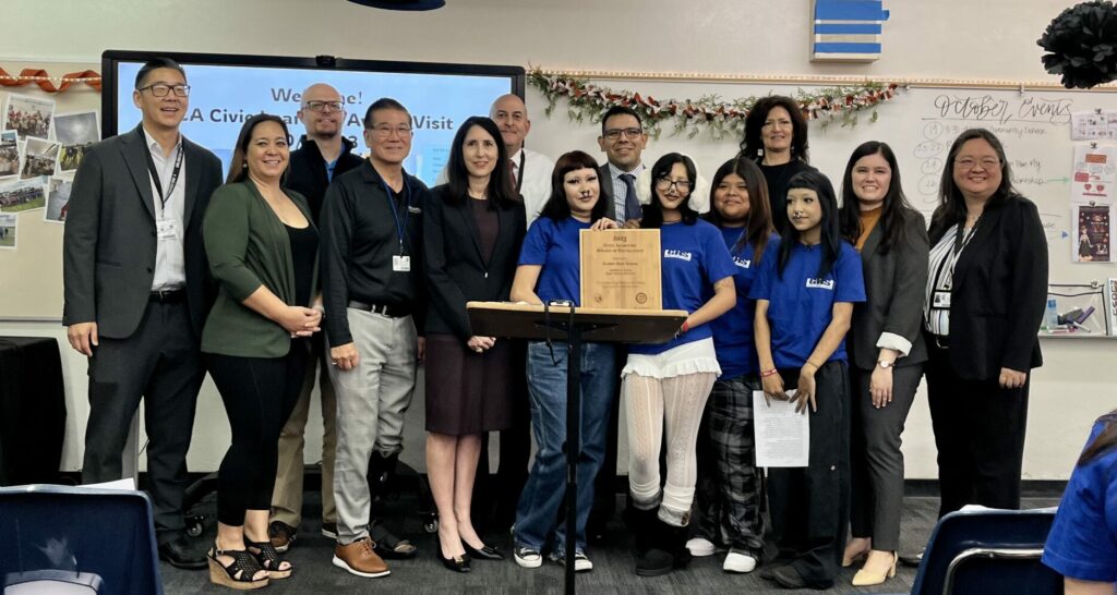 Chief Justice Patricia Guerrero visits Gilbert High School on Oct. 23 to award staff and students with a 2023 Civic Learning Award of Excellence. (Courtesy of the Judicial Council of California)