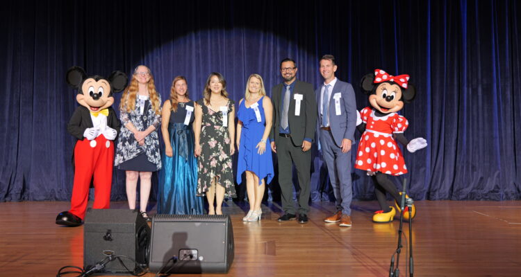 The 2024 Orange County Teacher of the Year finalists are congratulated by Mickey and Minnie at the Disneyland Hotel on Nov. 6.