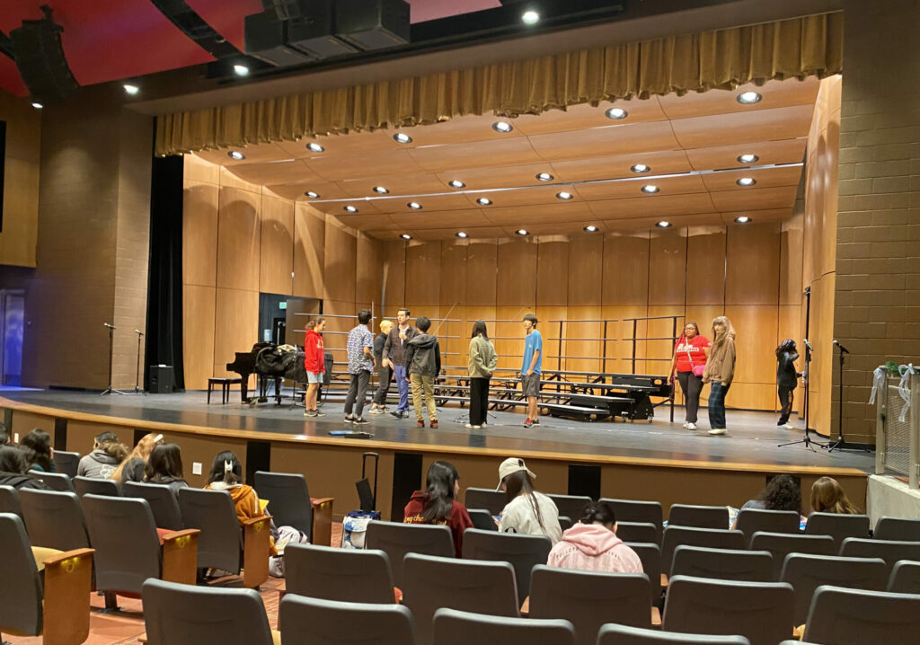 Woodbridge High School students rehearse for a production as part of the CTE theater tech course.