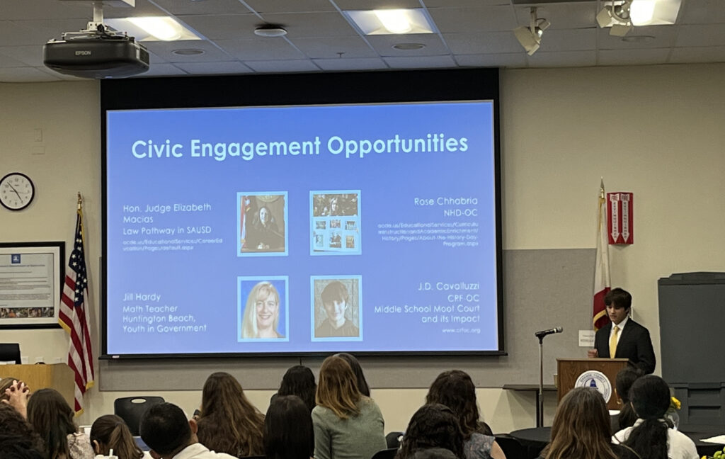 Student J.D. Cavalluzzi from El Dorado High School in the Placentia-Yorba Linda Unified School District presented at the 2023 OC Civic Learning Celebration. 