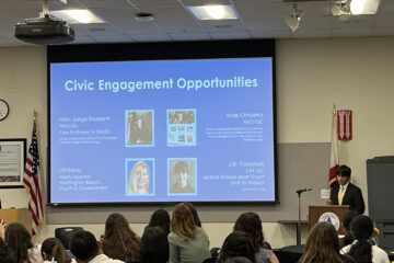 Student J.D. Cavalluzzi from El Dorado High School in the Placentia-Yorba Linda Unified School District presented at the 2023 OC Civic Learning Celebration.