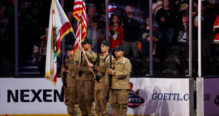 Sunburst Youth Academy cadets proudly present the colors at the Anaheim Ducks' game against the Seattle Kraken on Friday, April 5.