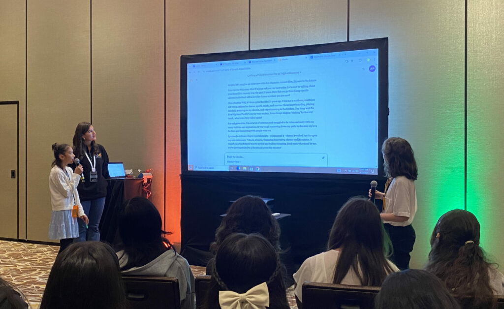 Los Alamitos High School student Rylee Robles leads a presentation on crafting stories with artificial intelligence at the Student AI Summit on April 25.