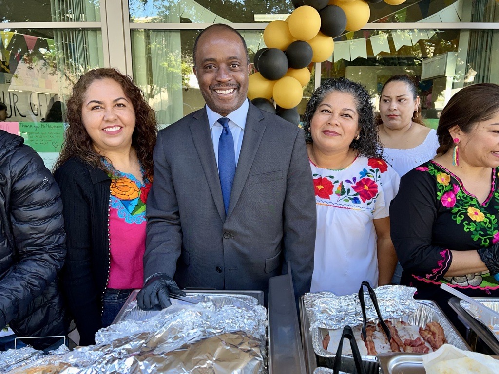 State Superintendent Tony Thurmond visits Godinez Fundamental High School for its annual "Teacher Appreciation Breakfast" on May 6. (Courtesy of the California Department of Education)